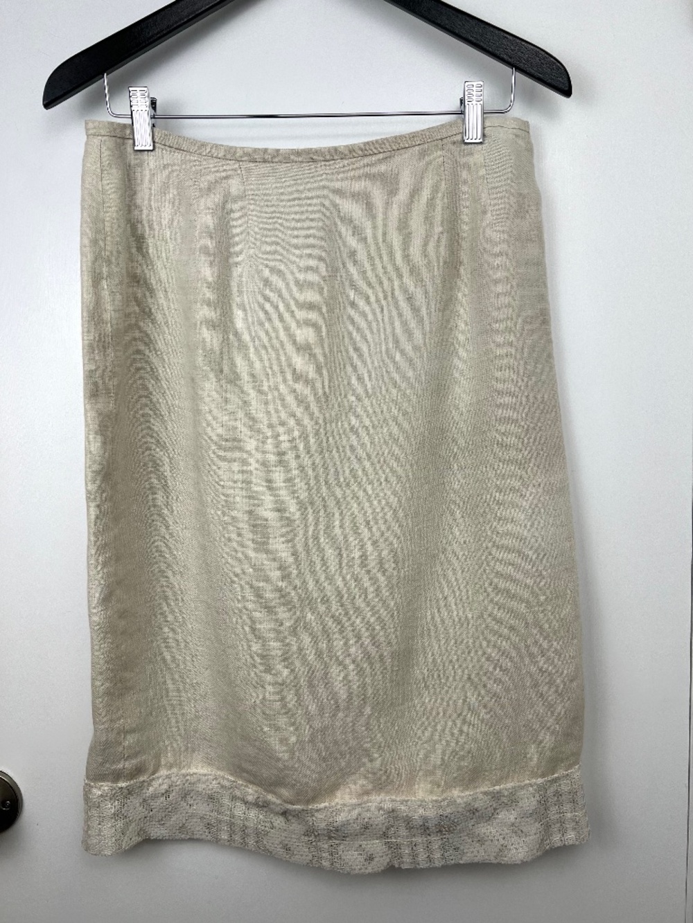 Jennifer Moore Upcycled Vintage Lace Trim Linen Skirt size 12 Light Tan Summer